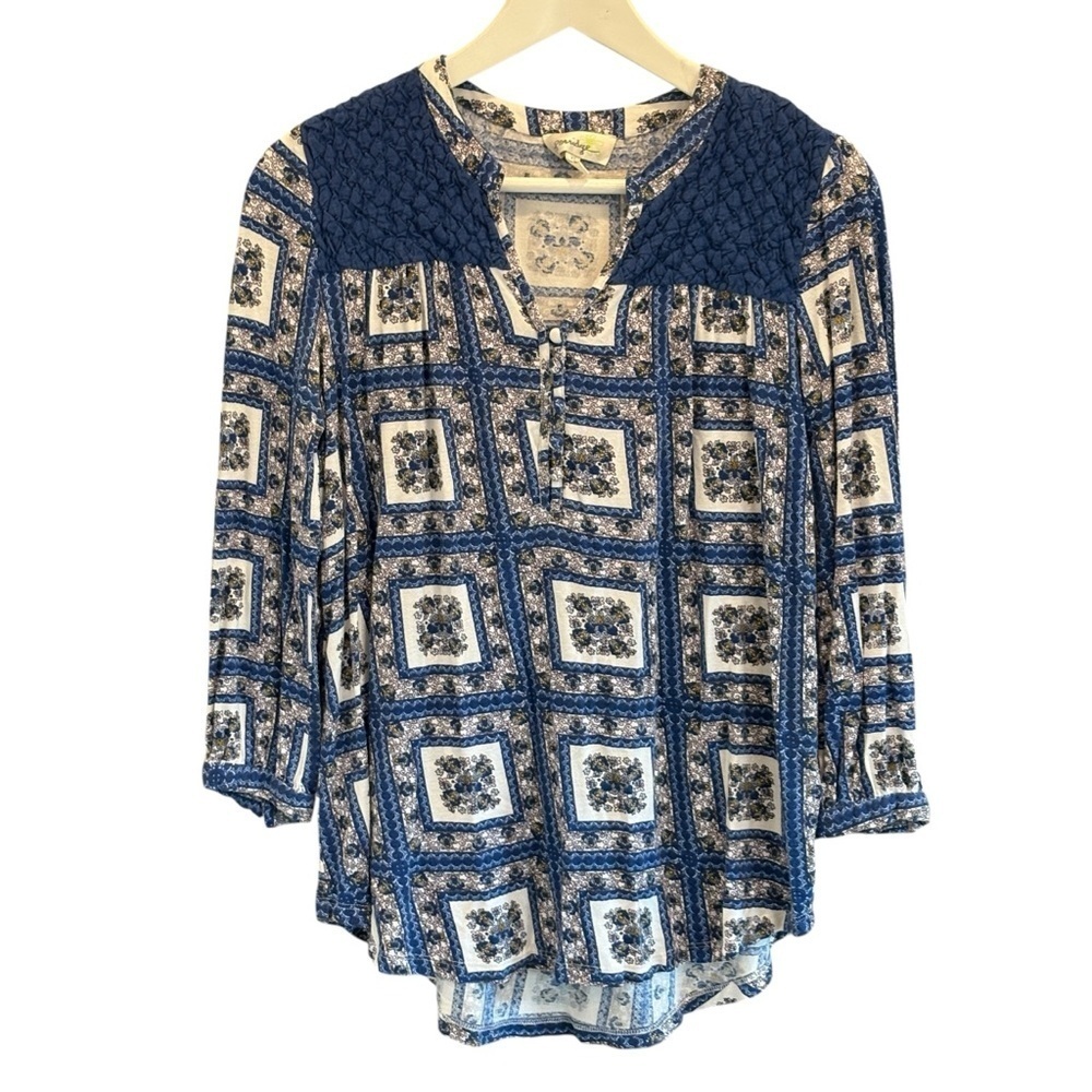 Porridge Anthropologie Blue White Blouse Floral Geometric 3/4 Sleeve Size XS